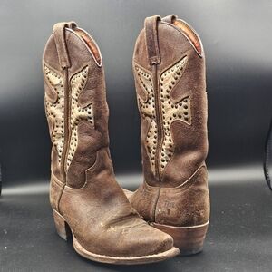 Frye Daisy Duke Python Studded Cowboy Western Boots in brown distressed leather.